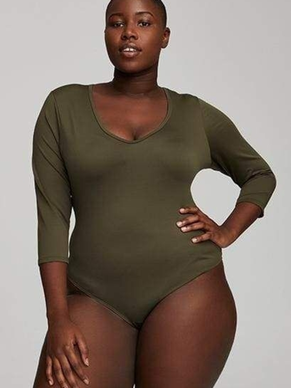 Marste Scoop Neck Bodysuit Olive Green 3/4 Sleeve